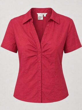 Como Stretch Office Red Button Up Short Sleeve Blouse Large